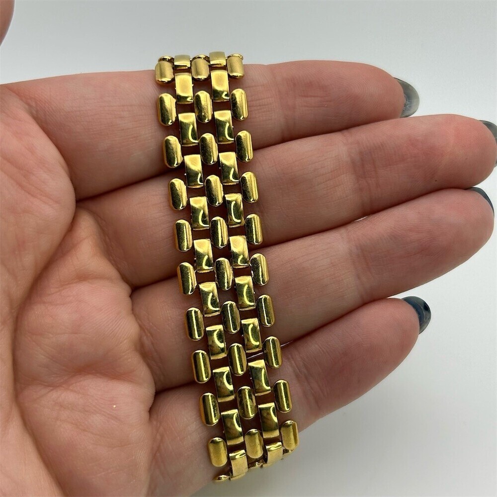 Woven Bracelet Gold Tone Multi-Row Brick Link Wide Statement 7" Foldover Clasp - Picture 4 of 7